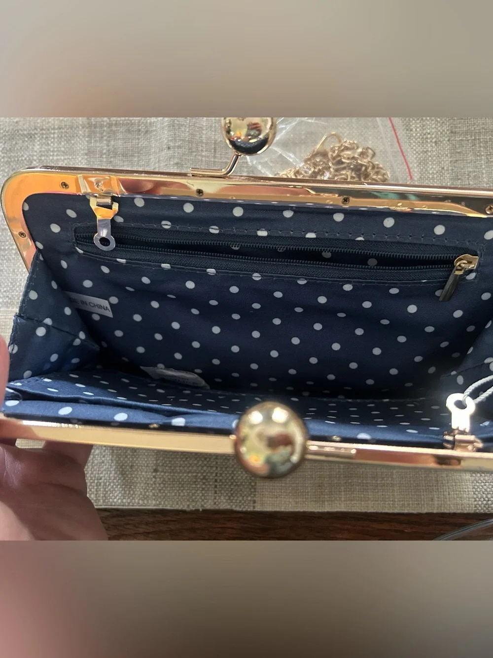 Le Miel Black Patent Clutch Purse with Gold Trim Removable Gold Chain Strap